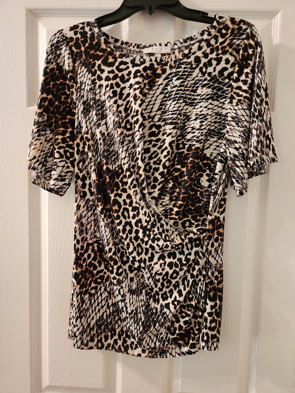 Chaus Animal Print Short Sleeve Blouse in Black, White & Brown